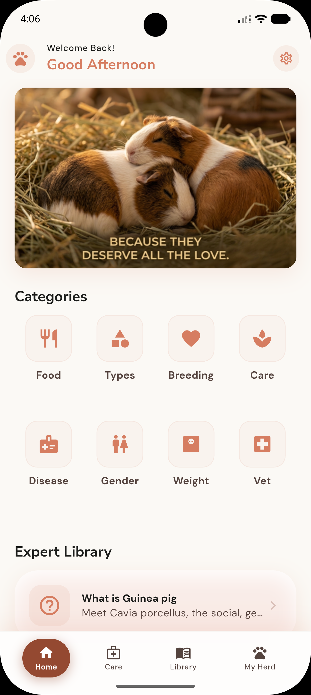 CavyLove home screen showing care categories and an expert library entry.