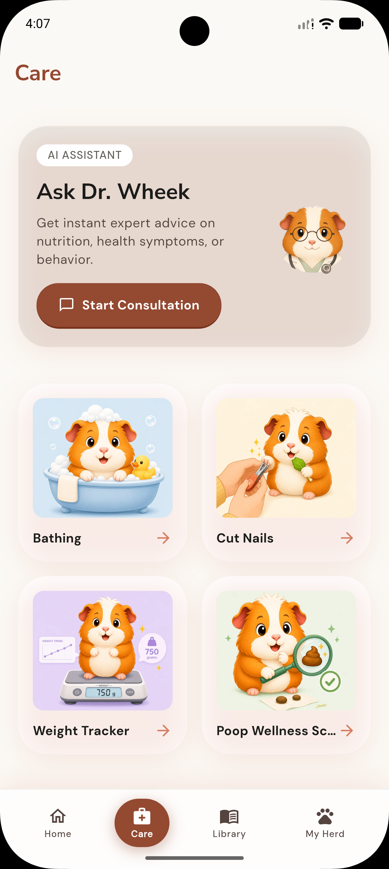 Care tools screen showing options for bathing, nail trimming, weight tracking, and poop scan.